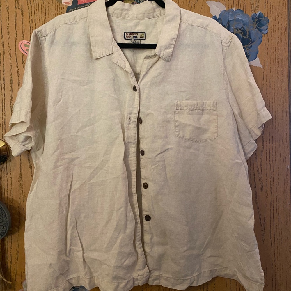 Caribbean Joe Women's Cream Button Down Shirt 100% Linen Size 2X